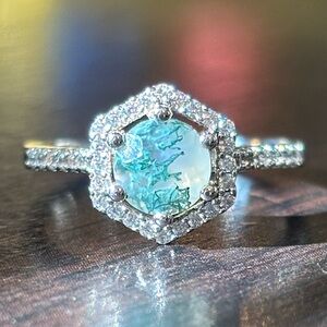 Hexagon Natural Moss Agate Halo Engagement Ring Sterling Silver .925 Ring Size 6